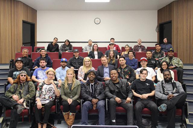 Grammy U program presentators Michael Winger, Sarah Lanning, and DVC Grammy U ambassador Shelby Fabianac pose with Michael Aczon, music industry studies professor and music students in the DVC campus music building, Nov. 12th