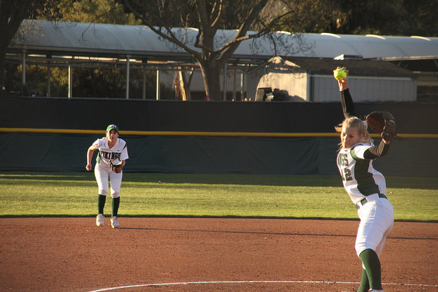 DVC starting pitcher Nicole Nordahl, #12, holds Ohlone to a 3-3 tie game on Tuesday, Feb. 2.
