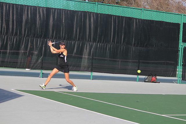  Kristina Lencesova returns a serve in DVCs match against Foothill, Feb 5. 