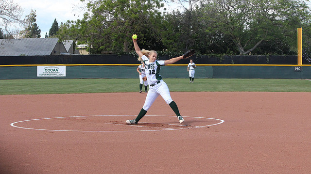 Pitcher Nicole Nordahl (#12)  gets out of a first inning jam in game against American River on Tuesday, March 29.