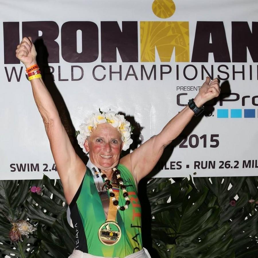 70-year-old Dexter Yeats receives fifth place in the Ironman World Championship in 2015.