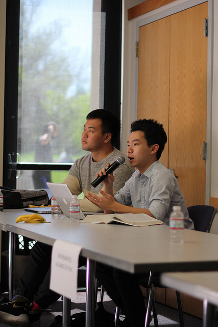 On the right Andrew Soegiharto, 19, Business Major answers questions from the audienc at ASDVCs  2016 General Election Debate on Wednesday, April 6