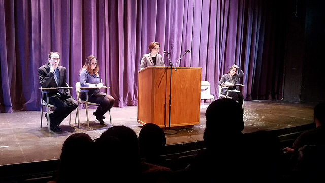 Miranda Konoplisky addresses the audience on the benefits of shorter semesters at the DVC speech and debate night, Tuesday April 19 in Pleasant Hill.