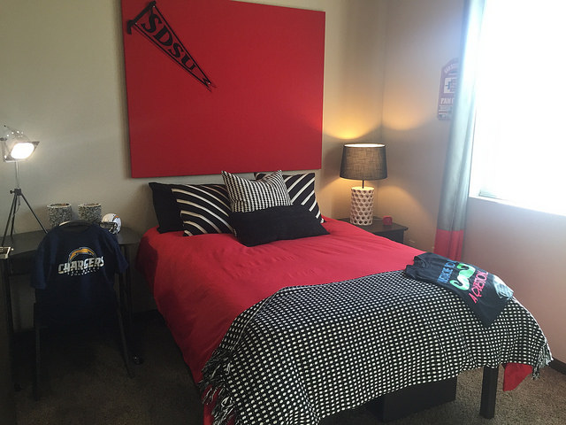 An example of a typical room at a student apartment complex called Sterling Alvarado at San Diego State. 