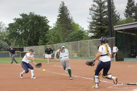Natalie Larsen charges to first base in the playoff game against Merced on May 8.