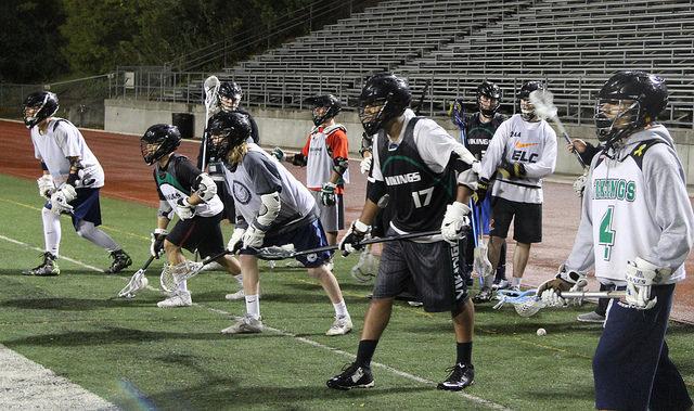 (from left to right) Vikings lacrosse club players Clayton Boam, Joshua Pacheco, Spencer Olson, Jared Rodriquez and Taylor Howell at practice on Oct. 24