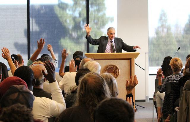 Ralph Nader encourages students to raise your voice.