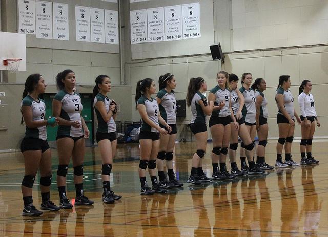 Diablo Valley College womens volleyball team lines up at the beginning of their last home win against Cosumnes River College on Oct. 21.