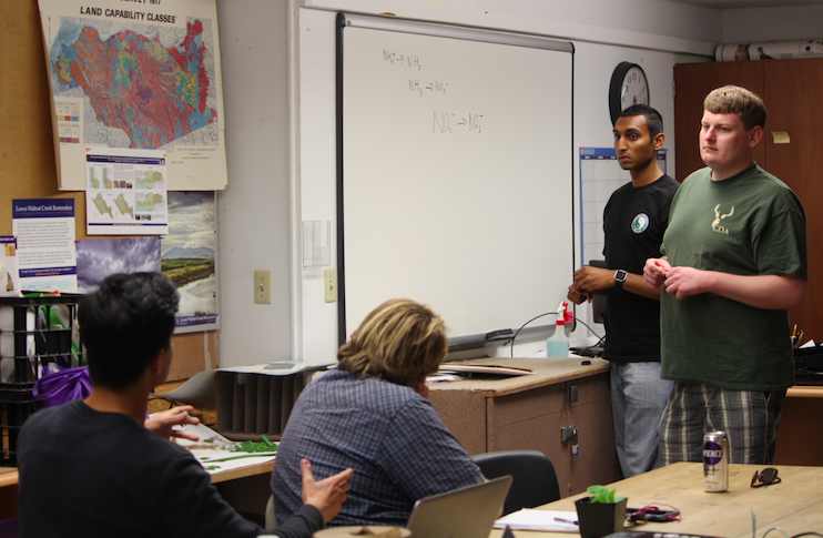 From left to right, Younghwan Kim, Gregory Arganda, Devin Virassammy, and Ryan Gilardy discuss the Vertical Farm Project. In just a few years, Diablo Valley College will become home to its very own student-managed vertical farm.
Alberto Chang/The Inquirer