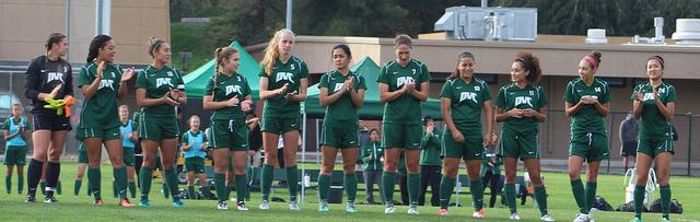 The starters for the womens soccer team line up to get their names called out to start the 2nd Round of the CCCAA Womens Soccer Playoffs on Nov. 22 at home.