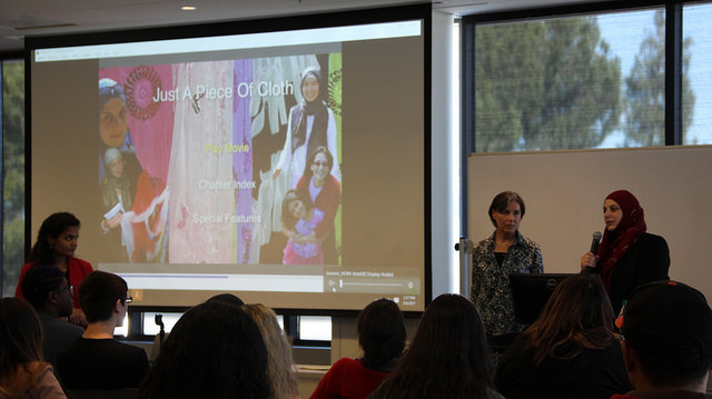 Professor Henze and Dr, Abu-Shariefeh talk about their film Just a Piece of Cloth to an interested audience.