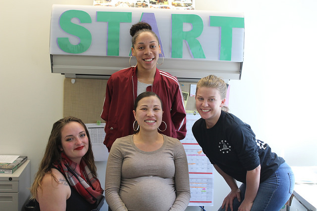 Mercedes Lezama, coordinator of START program, and students Toni Knox, Candice Grant, and Erica Hickey in the START office at Diablo Valley College on Thursday, April 13th, 2017. 
