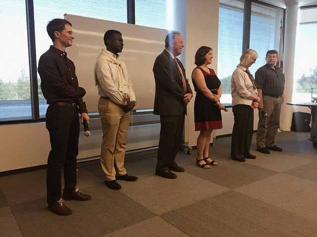 Pictured from left to right, Cody Hennesy, Kwame Baah-Arhin, Senator Bill Dodds, LiAnna Davis, Mary Mazzocco and Sam Richards.  Panelists from the 4cd speaker series on fake news