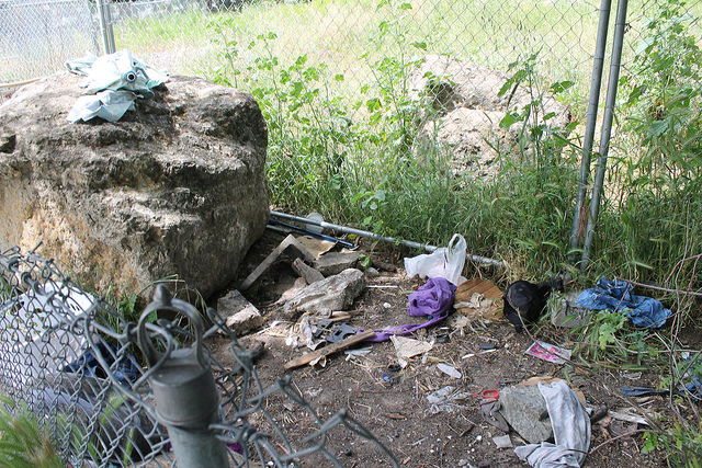 Remnants of a homeless camp near Chilpancingo Park in Pleasant Hill, Calif.
