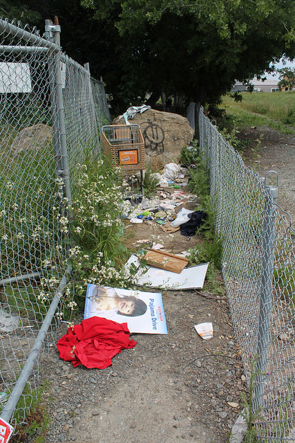 Trash and remnants of a homeless camp in Pleasant Hill, Calif. 