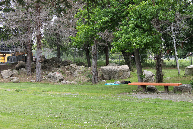 A young homeless person sleeps in Chilpancingo Park in Pleasant Hill, Calif. 