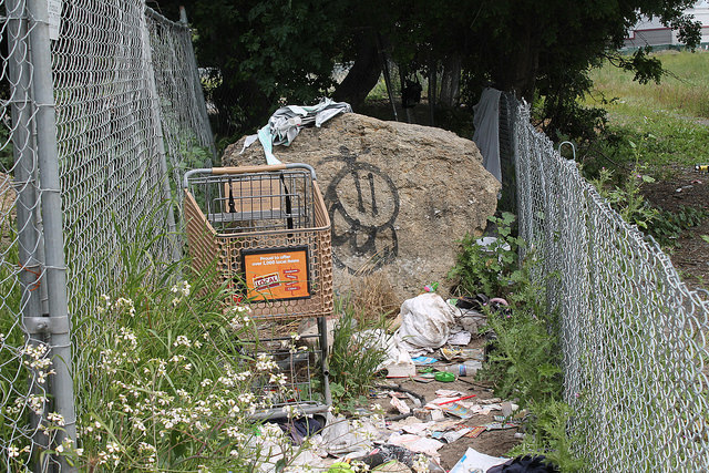 Trash left behind from a homeless camp in Pleasant Hill, Calif. 