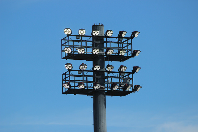 New LED lights brightly lit on a sunny day at Viking Field in Pleasant Hill, California, on Thursday, August 23, 2017.  (Aaron Tolentino/Inquirer)