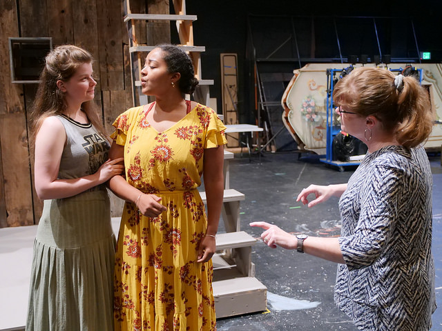 Elizabeth Martinié as Rosa Bud, Kayla Wilder as Edwin Drood, and drama department chair Lisa Drummond, from left to right, rehearse The Mystery of Edwin Drood on Sept. 19, 2017. (Olivier Alata)
