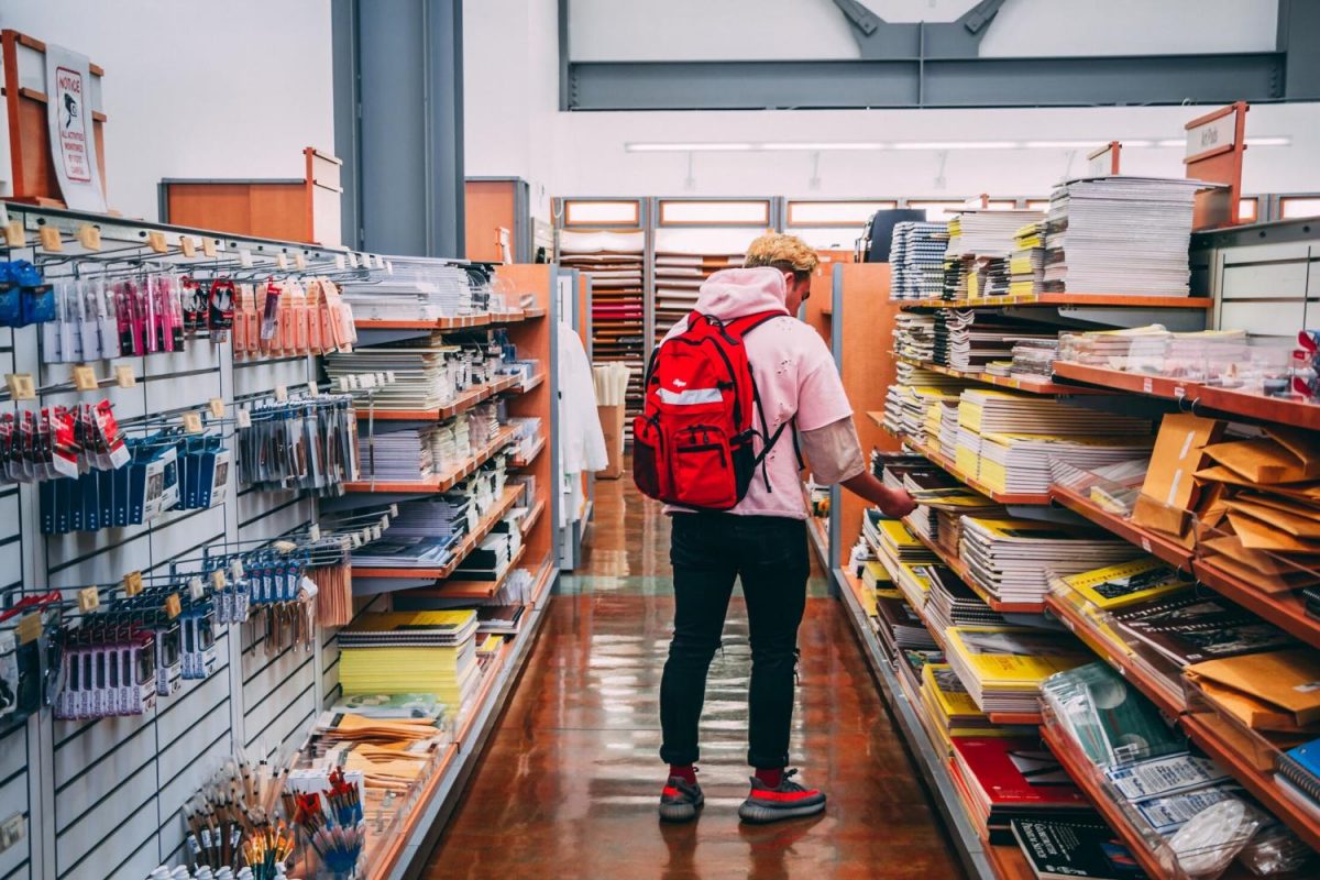 Phillip Rebutazo, 21, nutrition major wears a Supreme backpack and Adidas Yeezy V2 while shopping in the DVC bookstore.