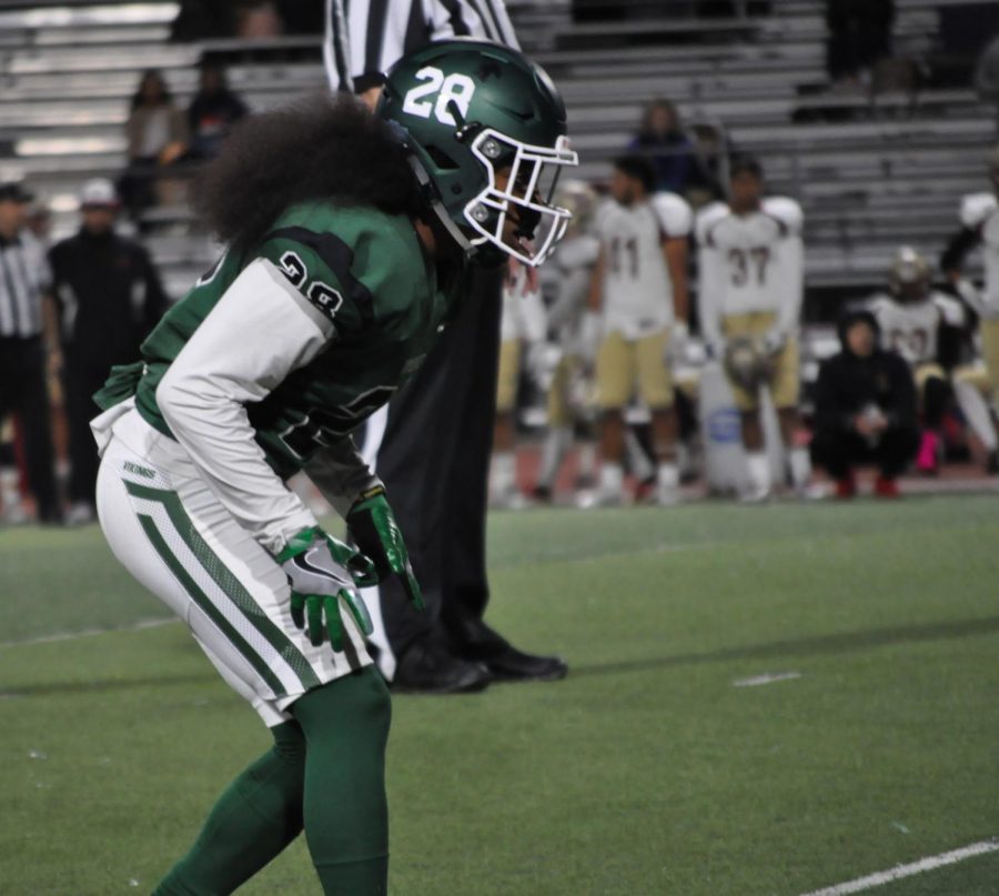 Cornerback Dieonte Malan lines up in the secondary. Malan is a part of a secondary that had four interceptions in a game against De Anza at Viking Stadium in Pleasant Hill on October 20, 2017.