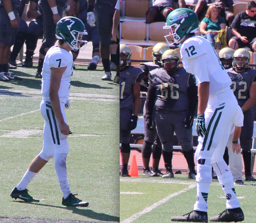 Quarterbacks Matt Vitale (left) and Jarrod Hoyer (right) each lining up in shotgun formation awaiting a snap during their respective drives against Delta College in Stockton, California on September 30, 2017.