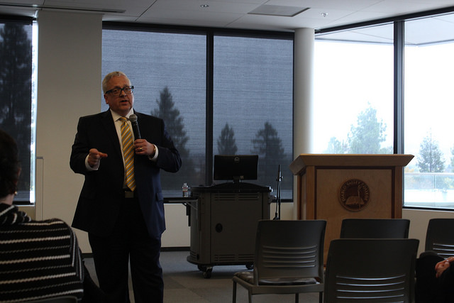 Diablo Valley College Presidential Candidate Dr. Christopher M. Reber, speaks with students, faculty and staff in the Diablo Room on Monday, Nov. 16.