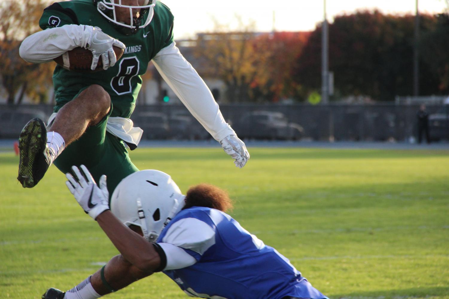 Photo of the night: Wide receiver Cameron Norfleet shows off his athleticism by hurdling over his defender. Norfleet had nine catches for 100 yards in the Gridiron Bowl game at Modesto Junior College in Modesto, California on November 18, 2017.