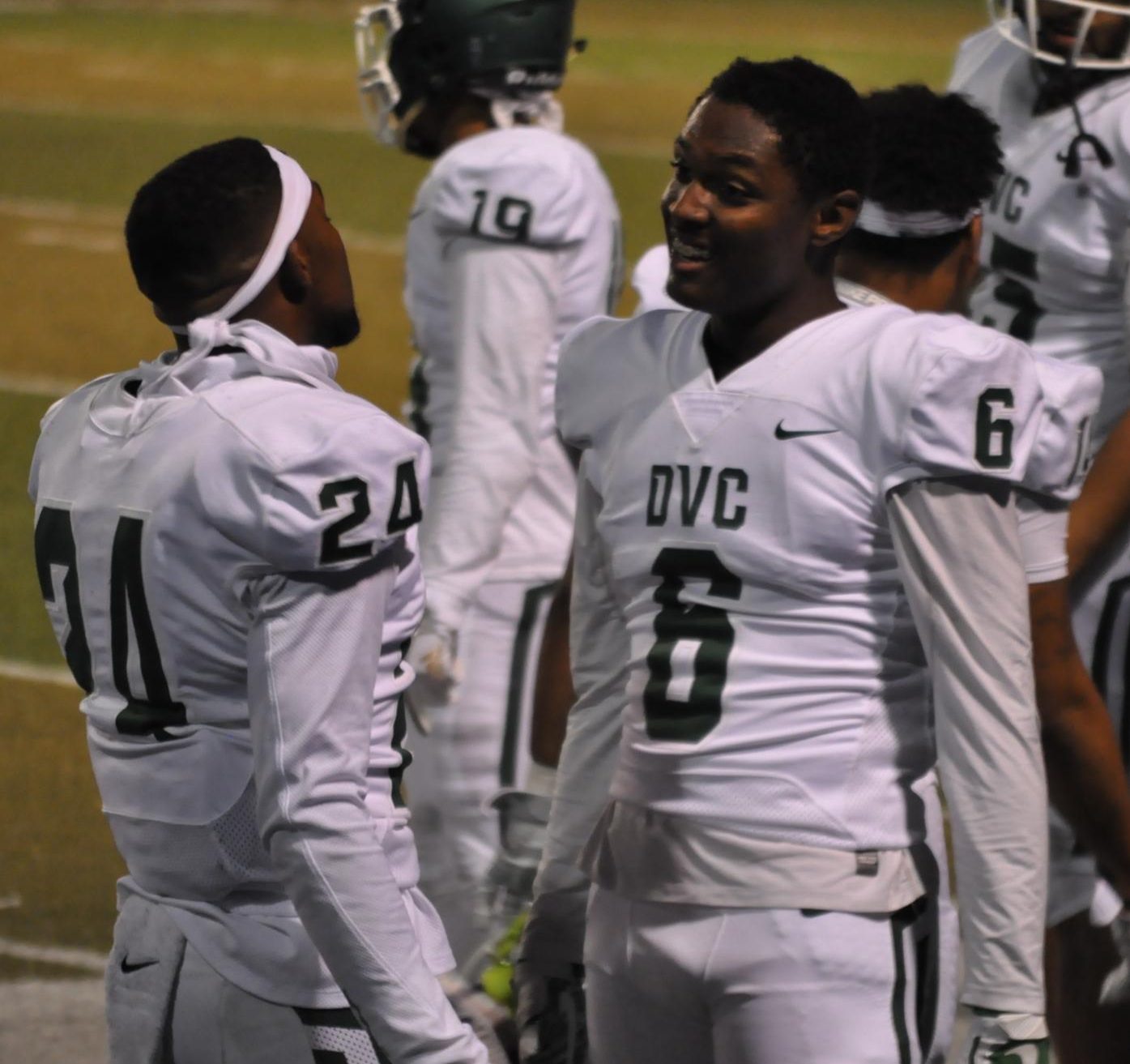 Cory Cox (6) celebrates with fellow defensive back, Isaiah Creal-Musgray (24), after Cox's second interception of the night returned for a touchdown in a game against Contra Costa College on November 4, 2017 in San Pablo, California.