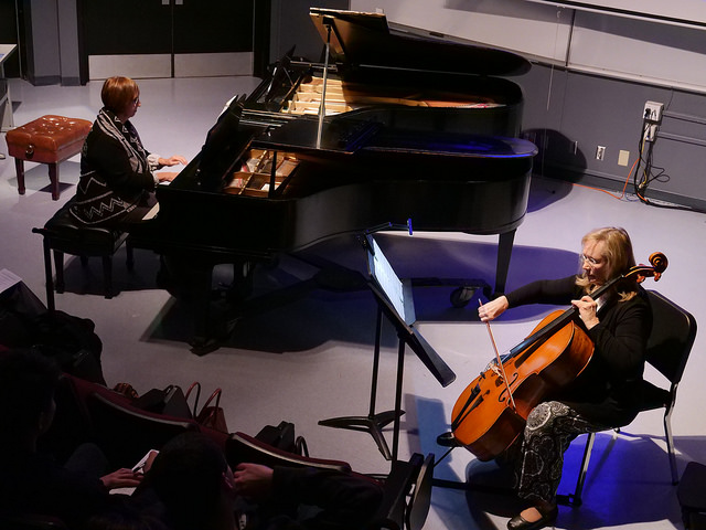 Gwynn Baumberger (Piano) and Paula Hollowell (Cello) performing at DVC Piano Concert Series on Dec. 7, 2017 (Photo by Olivier Alata)