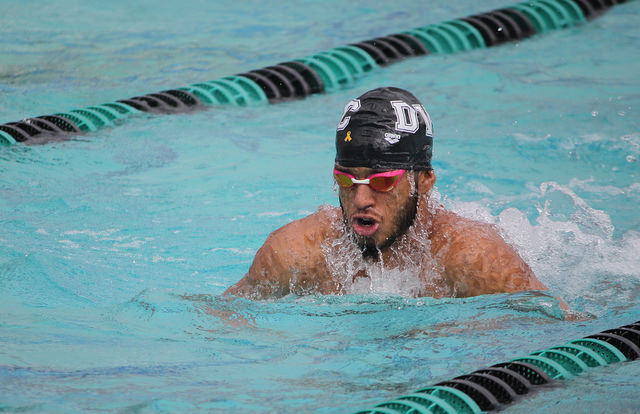 Abdallah Mahgoub practicing the breaststroke during warmups at the Diablo Valley College pool in Pleasant Hill, California on Feb. 22, 2018.