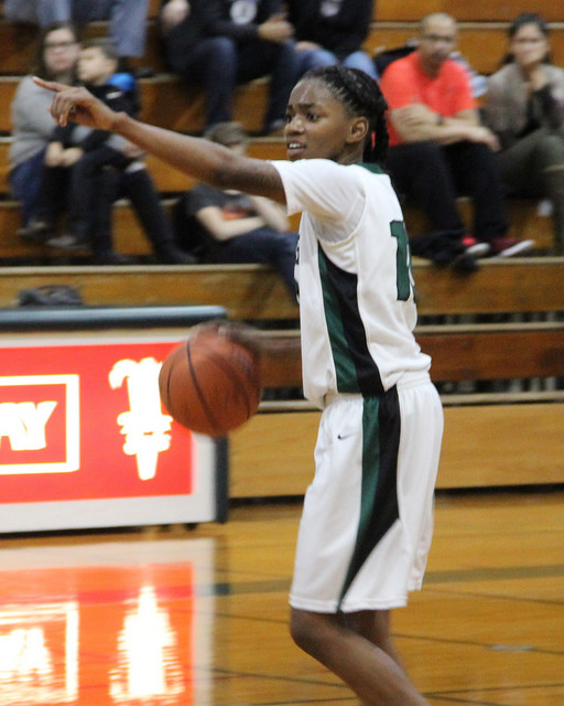 Doris Jones calls out a play against Lassen Community College during a womens basketball game at DVC on Feb. 24, 2018. (Isaac Norman/DVC Inquirer)