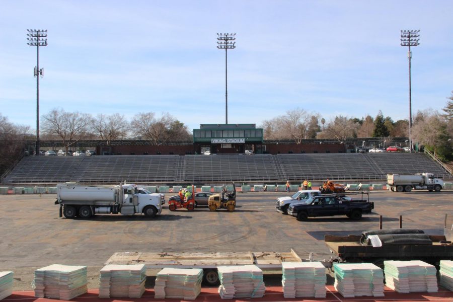 Construction workers prepare the subsurface for the new turf on Viking Field, Diablo Valley College in Pleasant Hill, on Monday, Jan. 29.