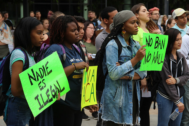 Students hold signs expressing their opinions about DACA during an event on Diablo Valley Colleges Pleasant Hill Campus on Sep. 7, 2017. (Inquirer File)