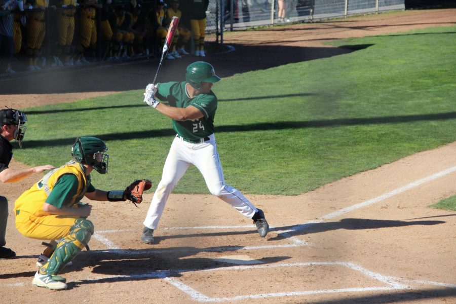 Catcher John Anthon bats in the first inning against Napa Valley College at Diablo Valley College in Pleasant Hill, California on February 6, 2018.