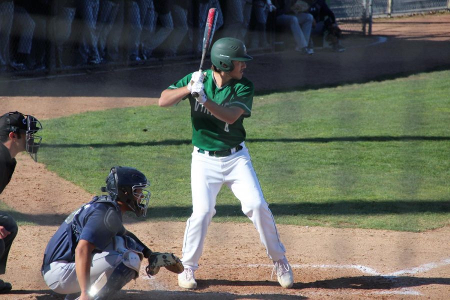 Third baseman Nick Simmons at the plate against Merced at Diablo Valley College in Pleasant Hill on Feb. 20, 2018. Simmons contributed with two hits, but also was thrown in to pitch and close the ninth inning to seal victory for the Vikings.