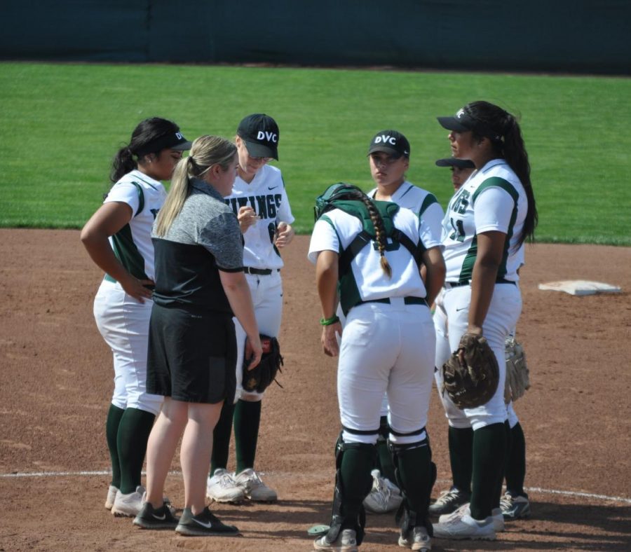 Vikings have a mound visit during a game against Sacramento City College At Diablo Valley College in Pleasant Hill on March 31, 2018.