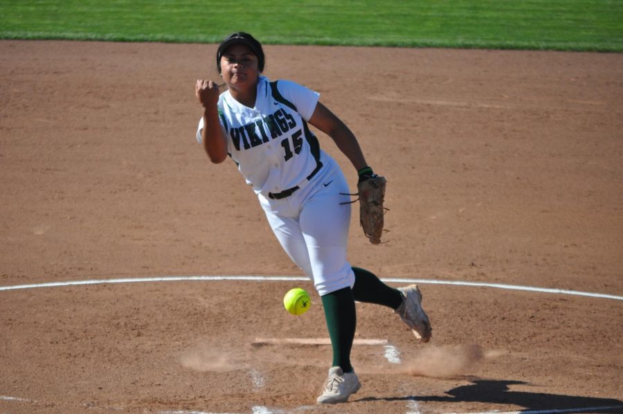 Sita Manoa releases a pitch against Santa Rosa Junior College in Pleasant Hill on March 27, 2018.