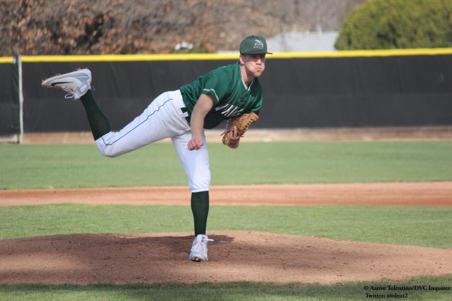 Pitcher Rob Towne against Cosumnes River College at Diablo Valley College in Pleasant Hill on March 6, 2018.