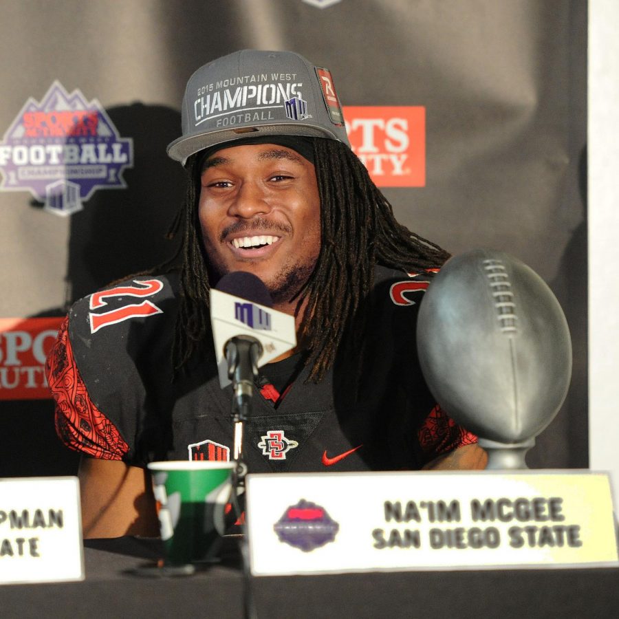 Naim McGee at a press conference after winning the Mountain West Championship Defensive MVP in 2015. 