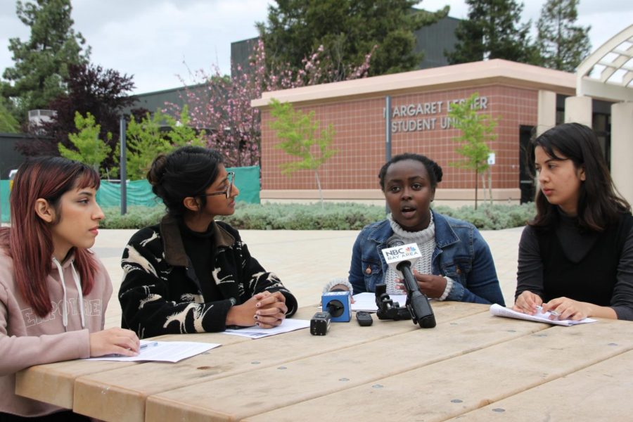 Marisol Militello, Soha Ashraf, Silvia Gathondu and Allison Morgan, left to right, from the Womens Empowerment Club hold a press conference detailing their grievances about the handling of alleged harassment from former student Gautam Reddy. 