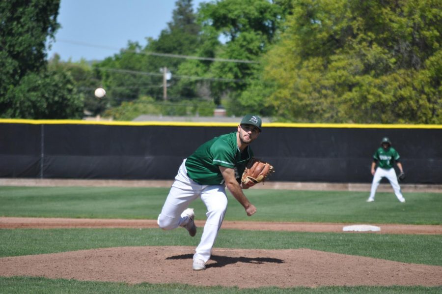 Pitcher Evan Gravenmier during his start against American River College in Pleasant Hill on April 13, 2018.