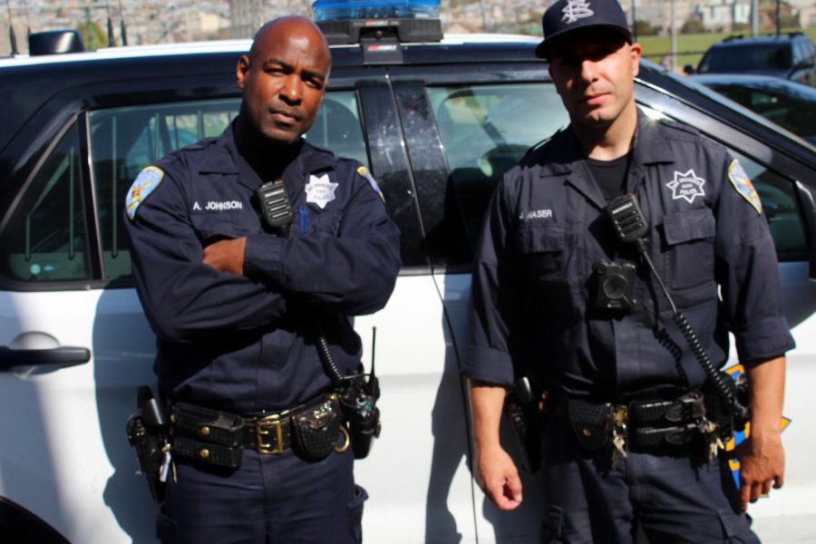 San Franciso Police Department officers wear body cameras in the center of their chest (see left), brought on by police reform.