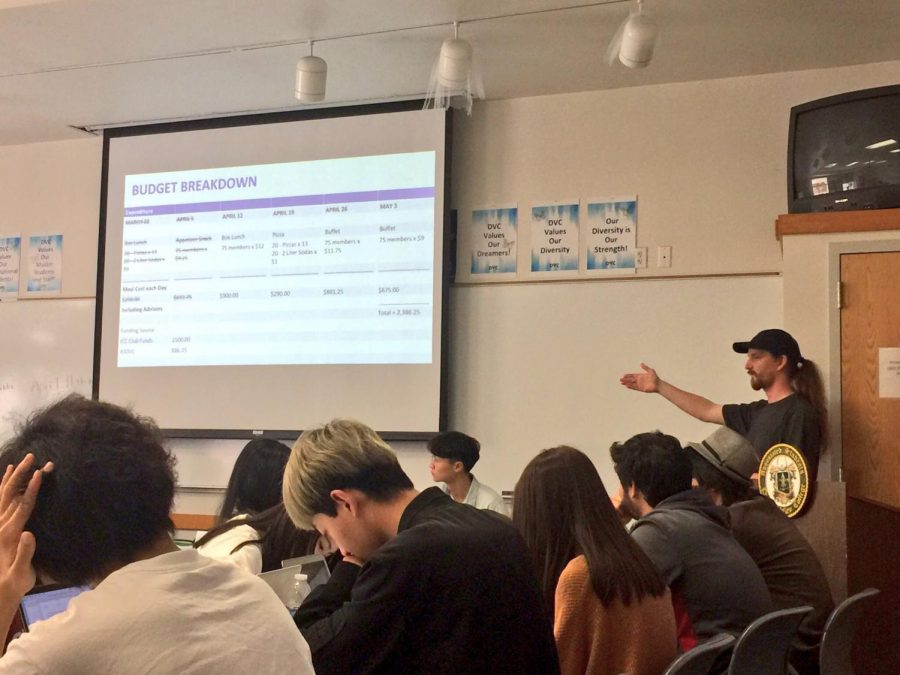 Peter+Swenson+presents+budget+breakdown+for+providing+meals+to+ICC+meetings+at+the+Margaret+Lesher+Student+Union+on+April+03%2C+2018.