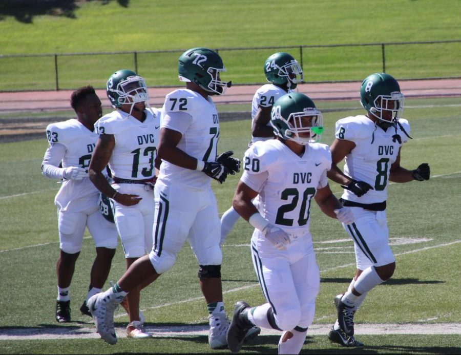 Vikings running onto the field in a game against Delta College in Stockton on September 30, 2017.