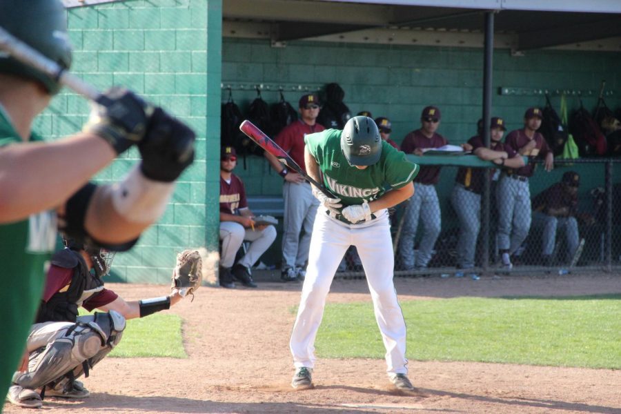 Vikings batter Colton Parker takes a questionable strike three pitch with the bases loaded that ended the eighth inning against Hartnell College in Pleasant Hill on April 3, 2018.