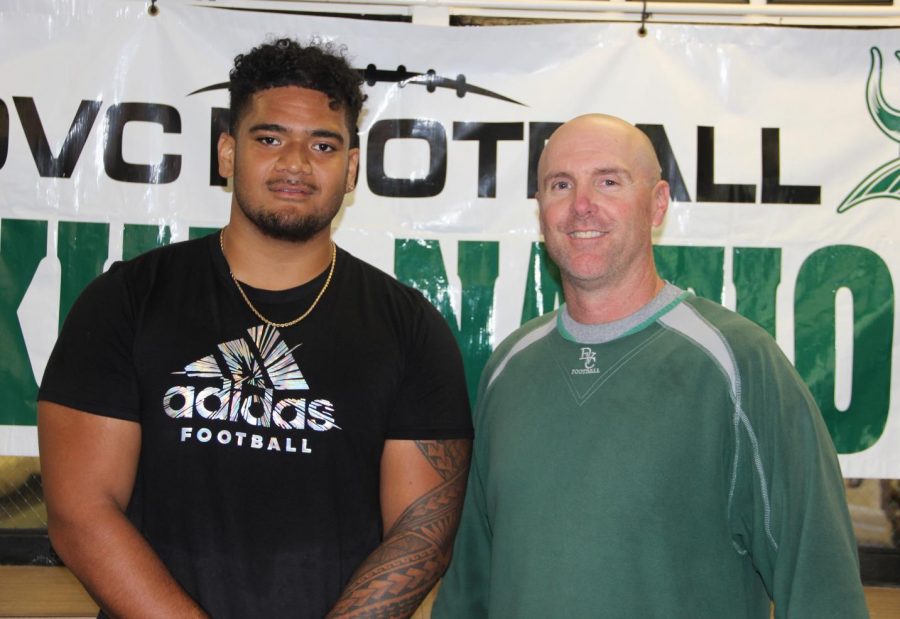 Franklin Uesi (left) and head coach Mike Darr (right) in his office at DVC on April 17, 2018.