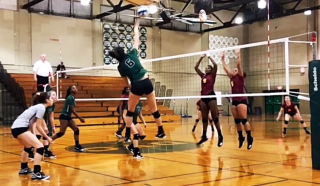 Pin hitter, Gabby Chase gets a kill against Sacramento City College on Friday Sept. 28, 2018. (Isabel Villalobos/The Inquirer) 