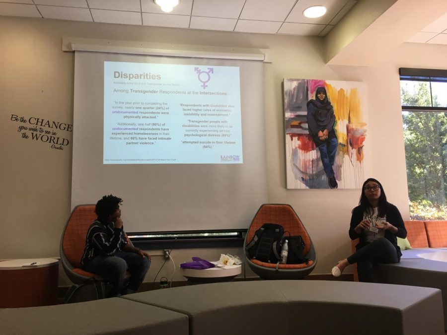 From left to right, Daphnee Valdez and Niq Muldrow speak to students on behalf of the Rainbow Community Center regarding the disparities of the LGBTQ+ and transgender community. The workshop took place on Oct. 24 in the Student Life center. (Emma Hall/The Inquirer).