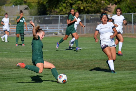 Midfielder Savannah Christopher prepares a shot against Sacramento City during the match on Friday Oct. 12 2018. (Gavin Rock/The Inquirer)